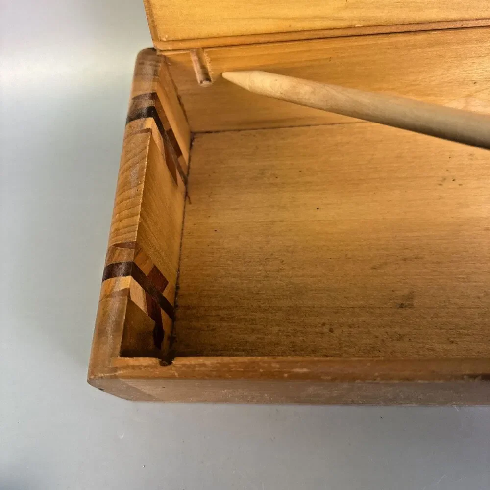 Wood Sewing Box With Marquetry Inlay And Accessories Antique
